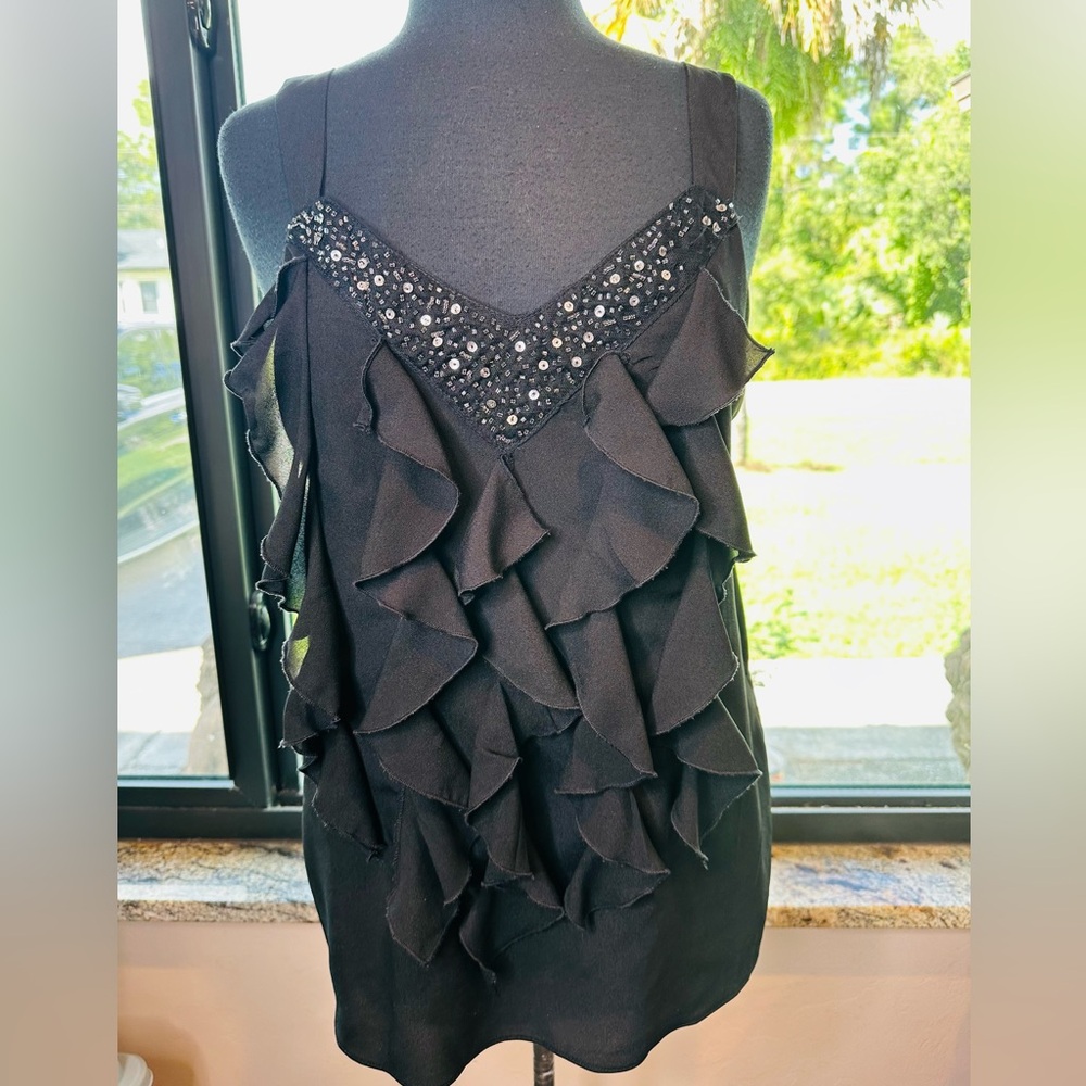 NY Collection Black Beaded Sleeveless Ruffle Blouse Size Large - Picture 1 of 8